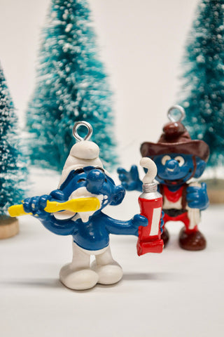 Smurfs Ornaments (set of two) ~ vintage 1980s toy ~ perfect gift for mom, dad, aunt, uncle, boyfriend, girlfriend, kid, cartoon collector